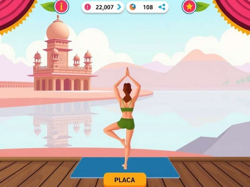 Yoga Dash Expedition gameplay showing character performing yoga poses in scenic Indian location